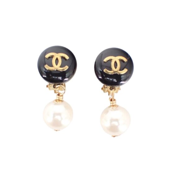 Chanel CC Round Black Gold Pearl Drop Earrings 2724 - Picture 1 of 4